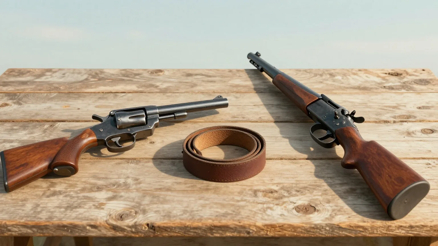 Revolver mit Holzgriff und ein Repetiergewehr liegen seitlich nebeneinander auf einem abgenutzten Holztisch, daneben ein Patronengürtel aus Leder, warmes Nachmittagslicht