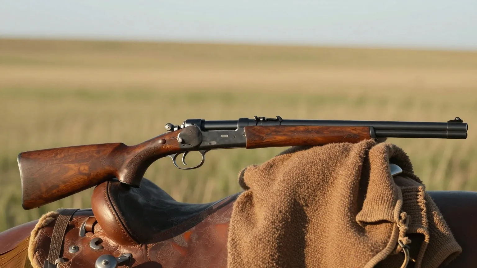 Repetiergewehr mit Unterhebel und achteckigem Lauf liegt seitlich auf einer Wolldecke über einem Sattel, im Hintergrund unscharf eine Prärie im warmen Nachmittagslicht