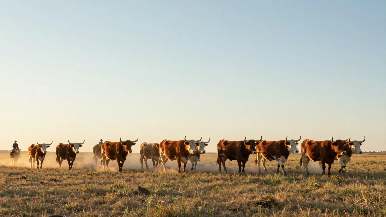 Viehtrieb von einem Hügel aus gesehen: Longhorn-Rinder ziehen in einer langen Reihe durch das Grasland, zwei Reiter am Rand der Herde