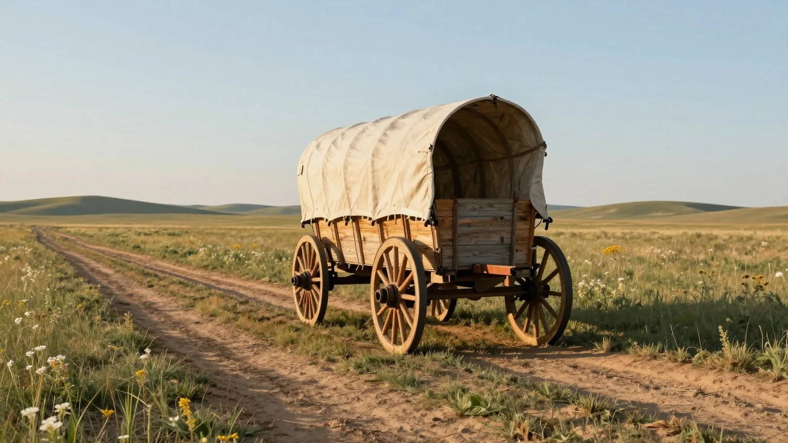 Ein einzelner Planwagen steht auf einer Grasebene neben den tiefen Spurrillen eines alten Siedlerwegs