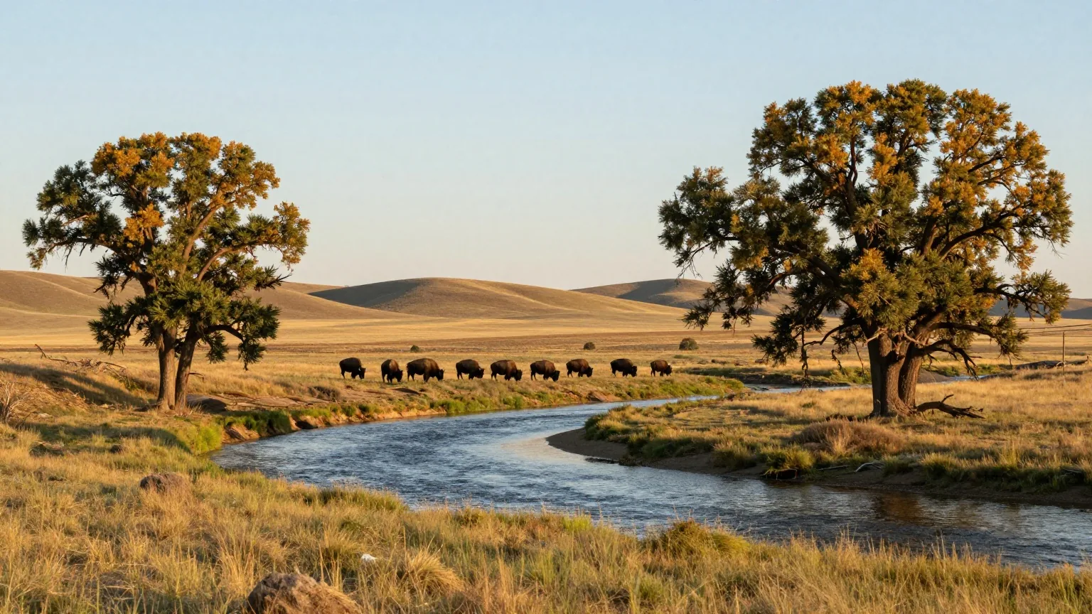 Flusstal in den nördlichen Great Plains mit alten Pappeln am Ufer und einer kleinen Bisonherde im Hintergrund
