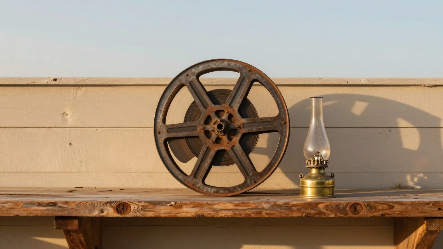 Eine alte Filmspule aus Metall steht aufrecht auf einem verwitterten Holzregal, daneben eine kleine Öllampe aus Messing im warmen Nachmittagslicht
