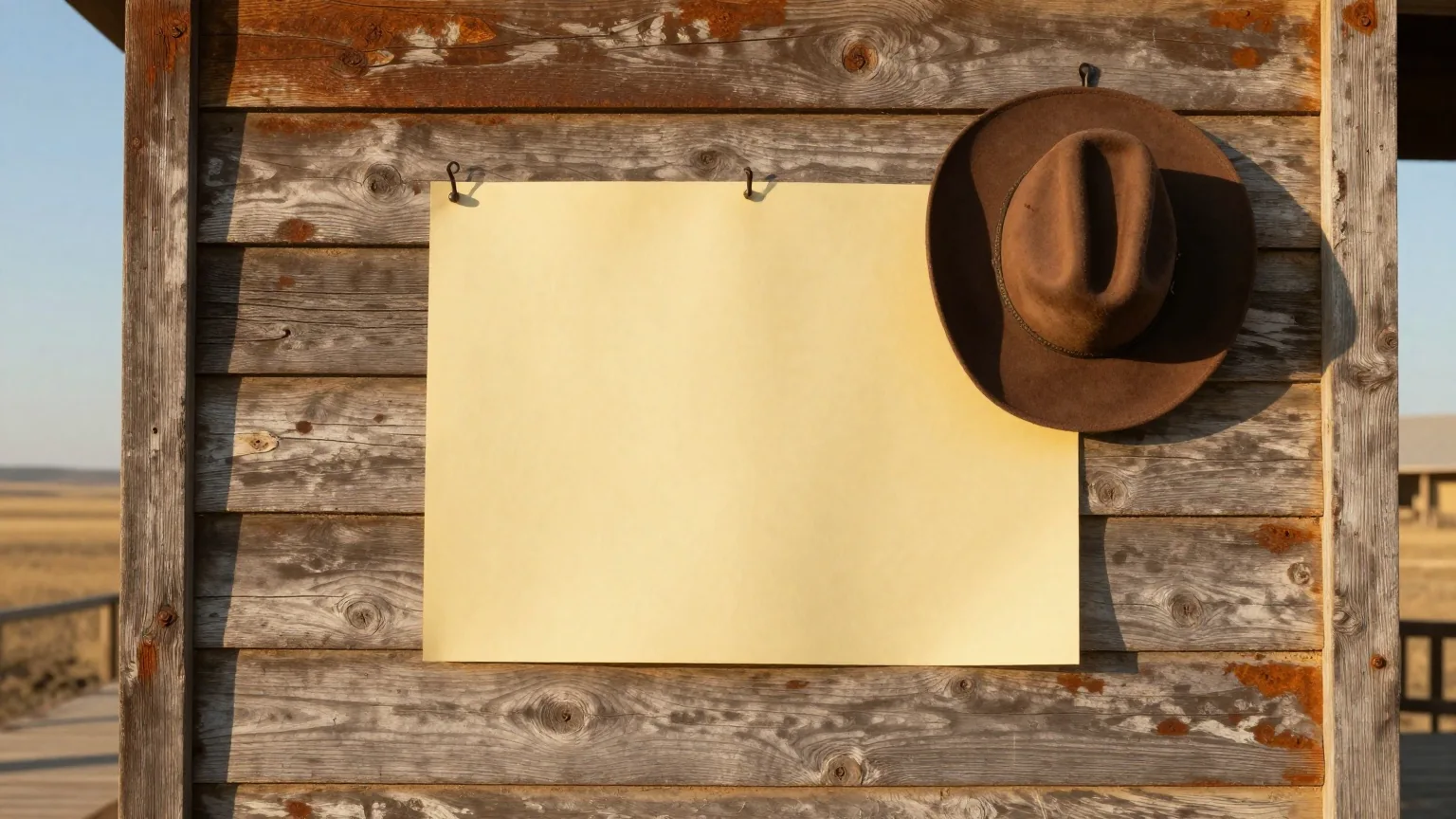 Leeres, vergilbtes Blatt Papier, mit Nägeln an eine verwitterte Bretterwand geheftet, daneben ein Cowboyhut aus Filz an einem Haken, schräges Licht am späten Nachmittag