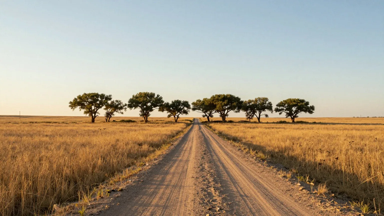 Unbefestigte Straße durch weites Grasland unter hohem Himmel, am Horizont eine Reihe von Pappeln im späten Nachmittagslicht