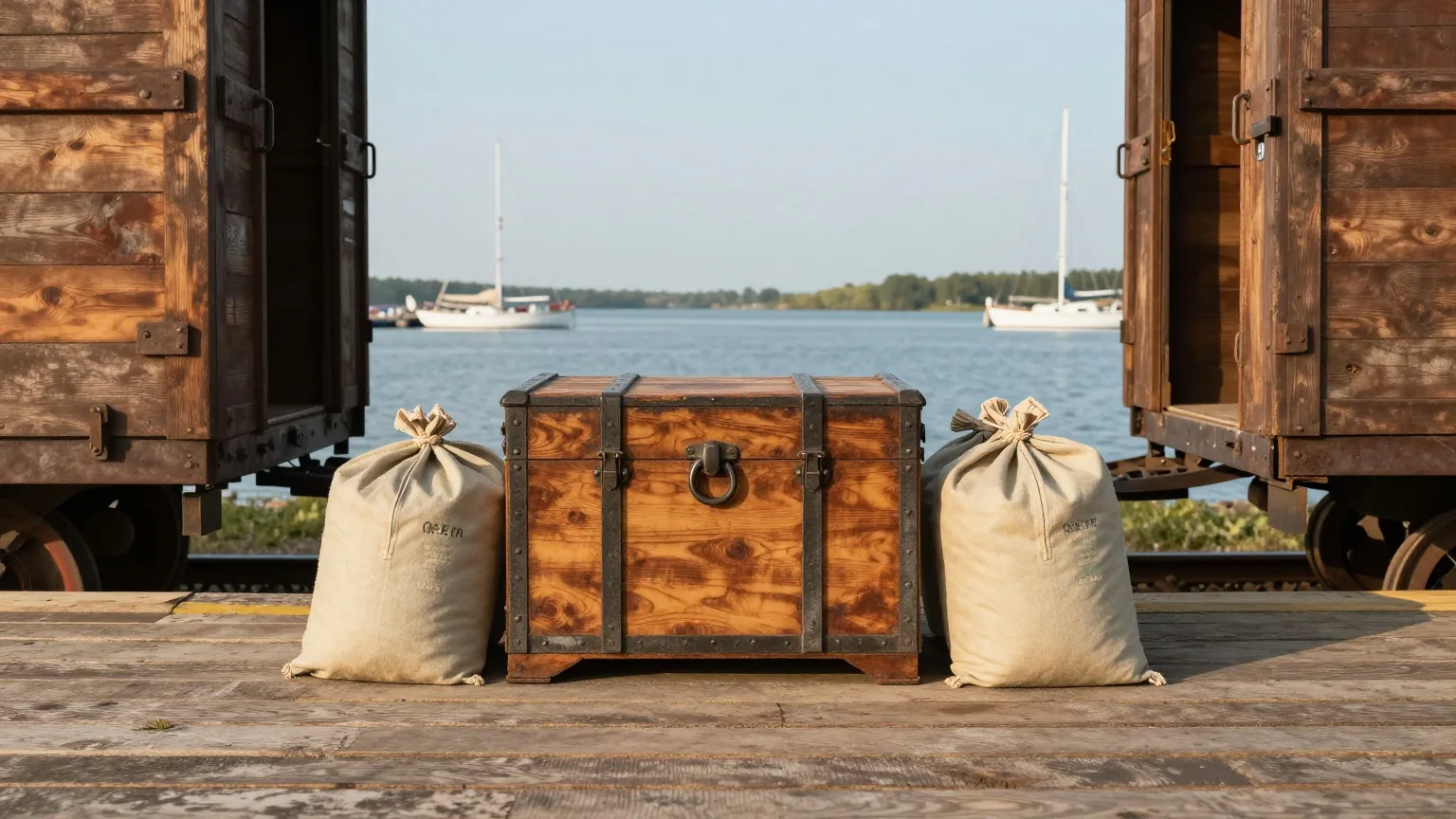 Eisenbeschlagene Holzkiste und Postsäcke aus Segeltuch auf einem Bahnsteig aus Holzbohlen neben einem offenen Gepäckwagen, dahinter ein Hafen an einem See im warmen Nachmittagslicht