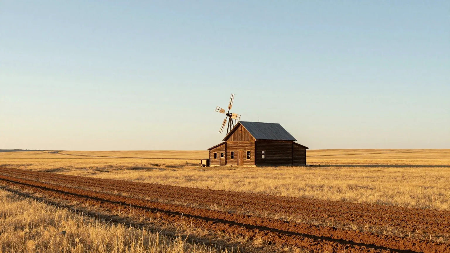 Weite goldene Prärie mit einem kleinen Farmhaus aus Holz, einem Windrad und frisch gepflügten Furchen, in der Ferne ein einzelnes Bahngleis, Licht am späten Nachmittag