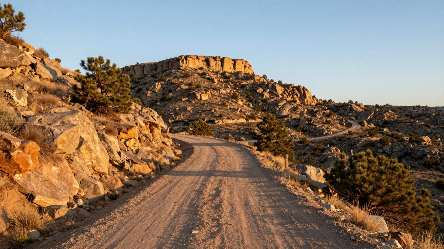 Gebirgspass mit Kiefern im Norden von New Mexico, ein Feldweg windet sich zwischen felsigen Hängen und einem Tafelberg im späten Nachmittagslicht