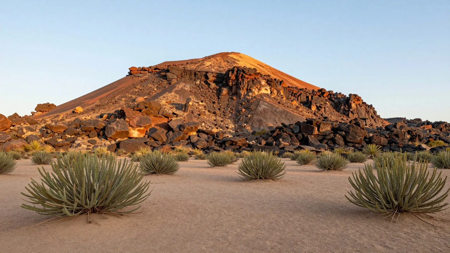 Schroffe vulkanische Felswände über einer leeren sandigen Ebene in Westtexas mit Kreosotbüschen und Yuccas im späten Nachmittagslicht.