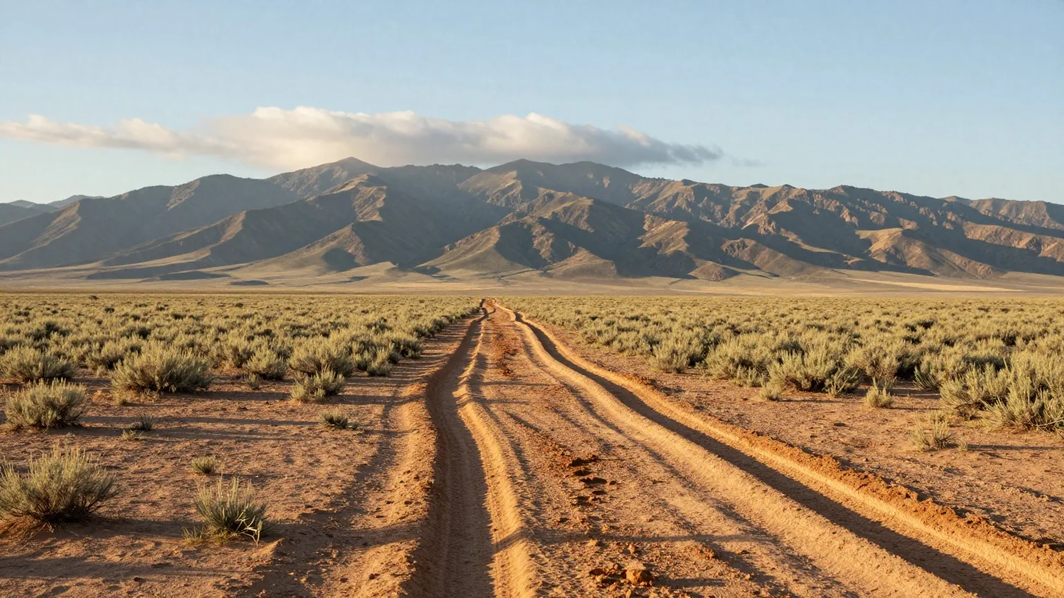Schwache alte Wagenspuren ziehen durch eine weite Beifußebene in Nevada auf eine Bergkette zu, Wolkenschatten auf den Hängen im warmen Licht der späten Nachmittagssonne