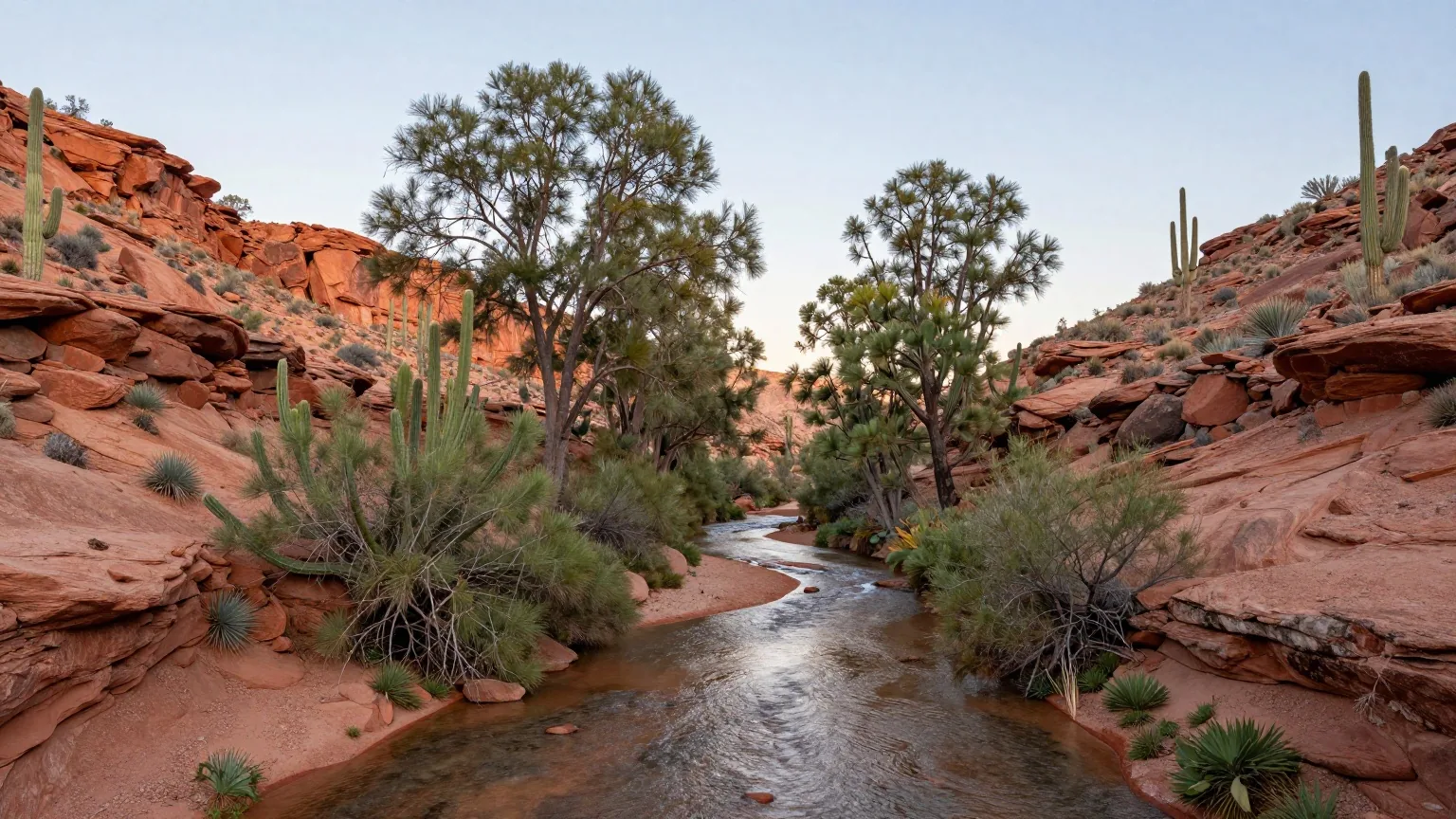Stilles Tal eines Wüstenbachs mit hohen Platanen und Pappeln zwischen rötlichen Felswänden, Saguaro-Kakteen an den Hängen im frühen Morgenlicht