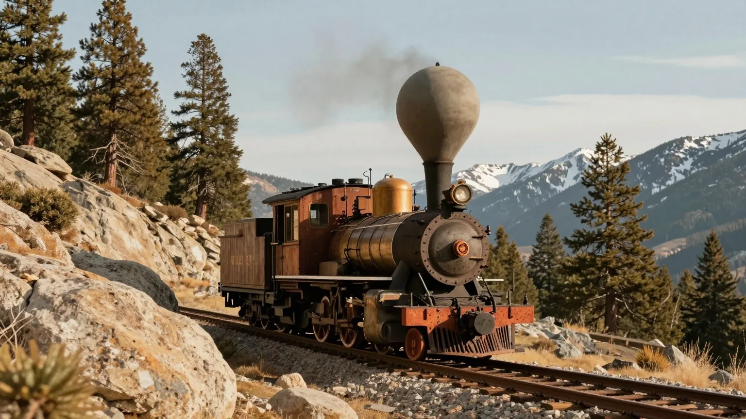 Dampflokomotive mit hohem Funkenfängerschornstein auf einem einspurigen Gleis an einem Granithang der Sierra Nevada, dahinter Nadelwald und Schneereste auf den Gipfeln, warmes Licht der späten Nachmittagssonne