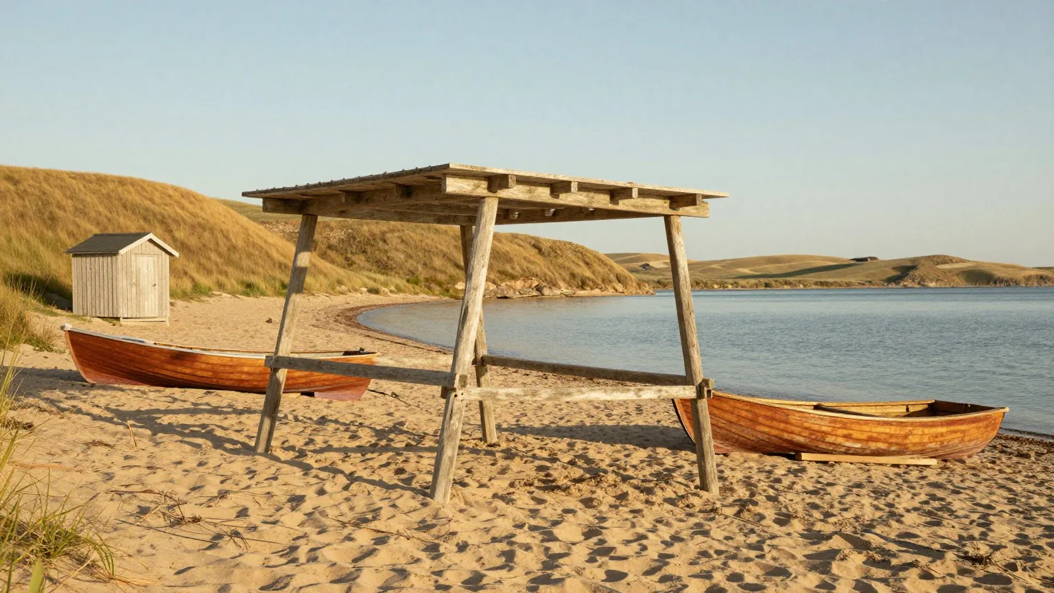 Hölzerne Trockengestelle und eine kleine Bretterhütte am Ufer einer ruhigen Bucht mit grasbewachsenen Hügeln, ein flaches Holzboot liegt auf dem Sand, warmes Licht am späten Nachmittag