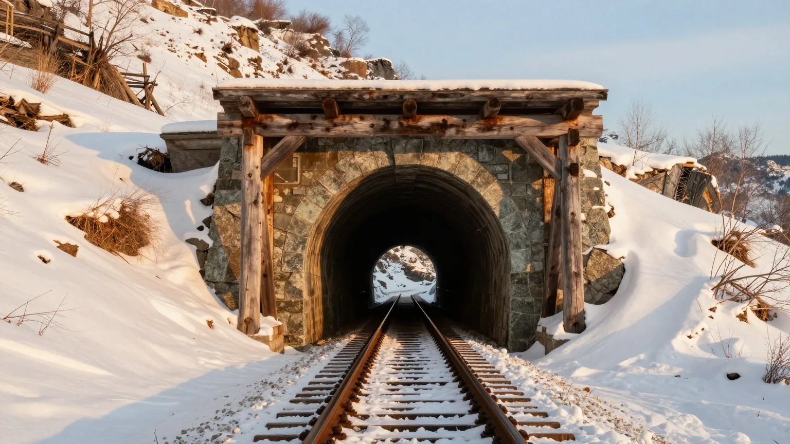 Dunkles Tunnelportal in einem verschneiten Granithang, hölzerne Balken einer Schneegalerie führen auf den Eingang zu, Schienen im Schnee, warmes Licht der späten Nachmittagssonne
