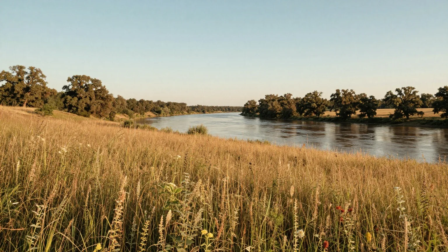 Tal des Minnesota River mit hohem Präriegras, Eichen an den Hängen und dem Fluss im Licht der späten Nachmittagssonne