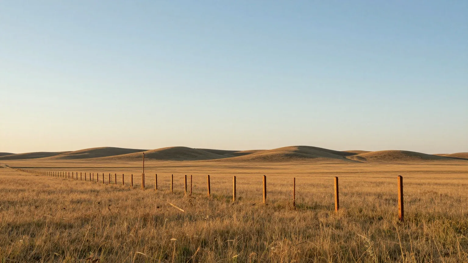 Weite Graslandschaft der Plains mit frisch gesetzten Holzpflöcken und einer neuen Zaunlinie aus Pfosten und Draht, die das Land in Rechtecke teilt, im warmen Licht der späten Nachmittagssonne