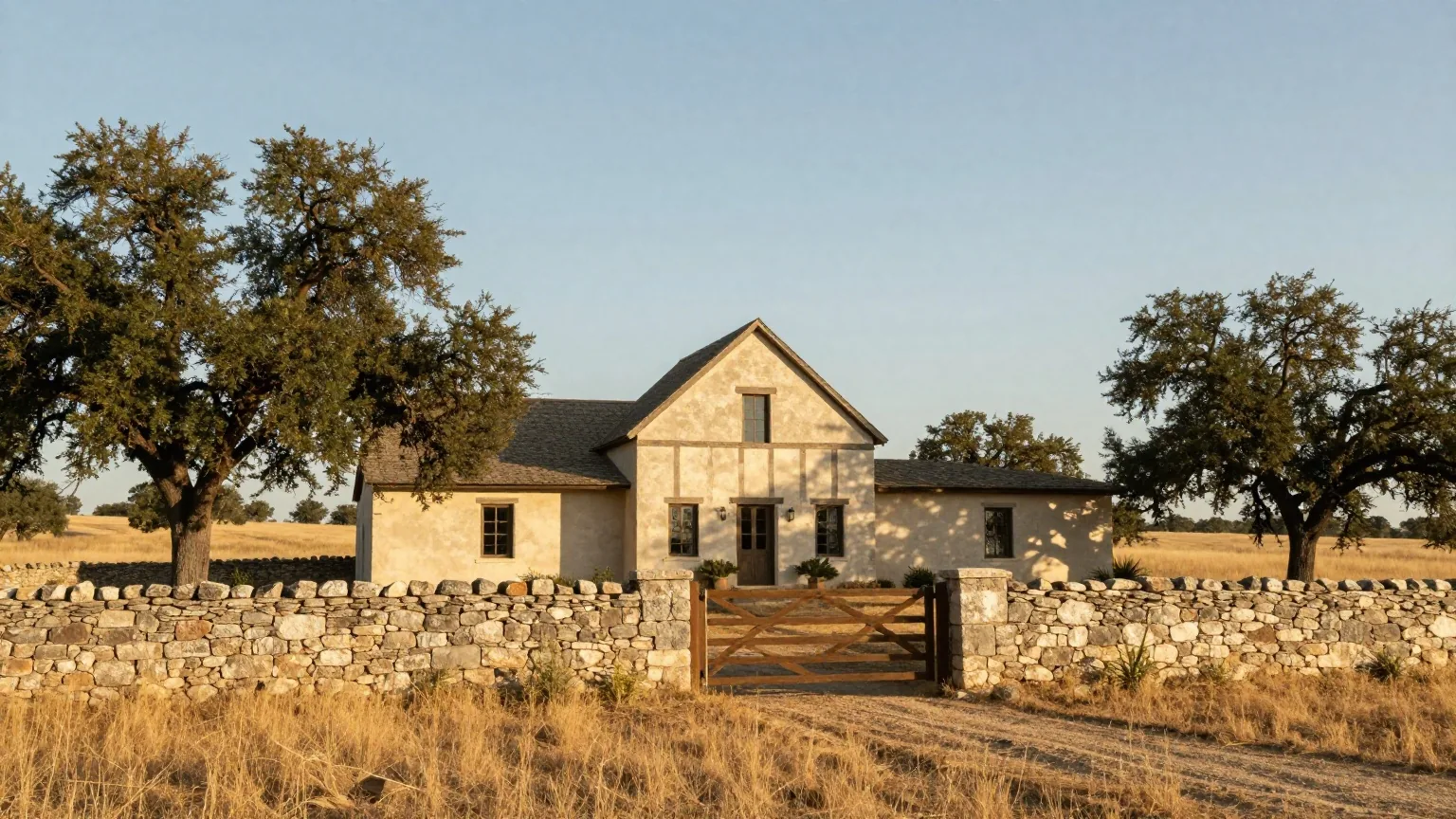 Steinernes Farmhaus mit Fachwerkgiebel hinter einer niedrigen Feldsteinmauer im Hügelland von Texas, dazu Eichen und trockenes Gras im späten Nachmittagslicht
