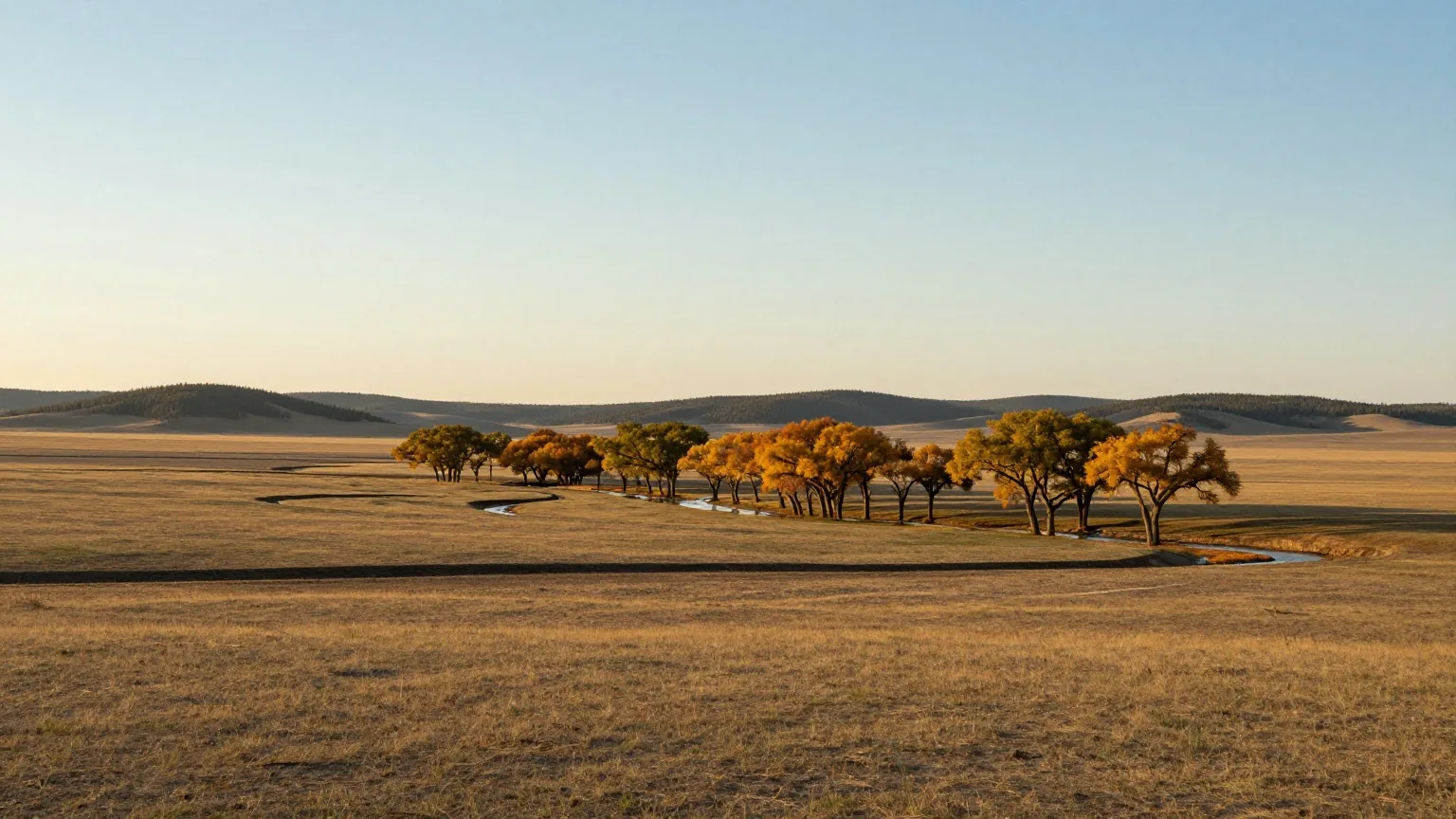 Hügeliges Grasland mit einem gewundenen, von Pappeln gesäumten Bach, am Horizont dunkle bewaldete Berge im Licht der späten Nachmittagssonne