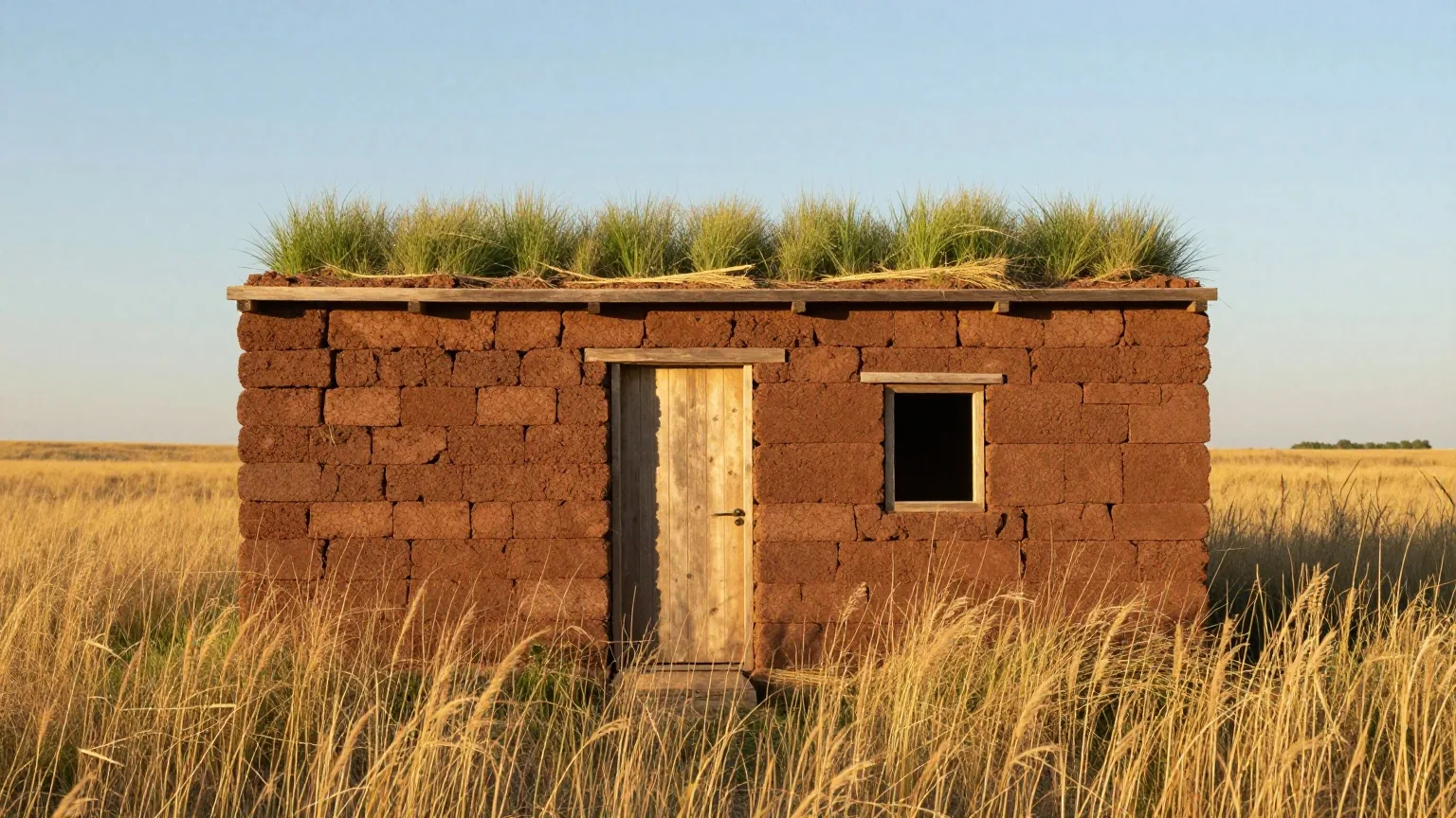 Kleines Haus aus Rasensoden mit Holztür und einem Fenster auf weiter Prärie in Nebraska, hohes goldenes Gras im Licht der späten Nachmittagssonne