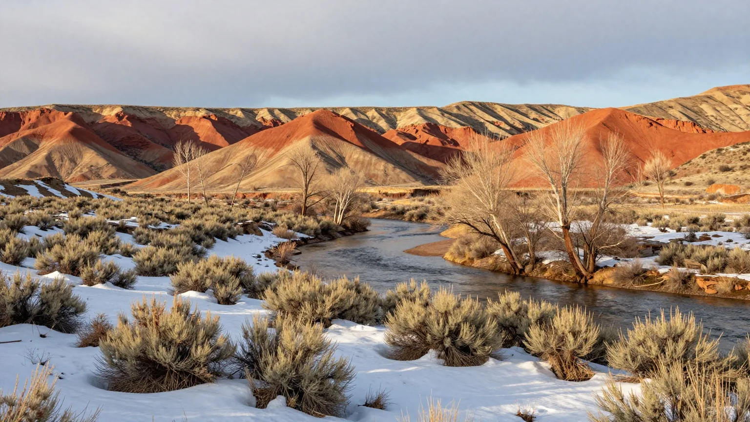 Tal des Powder River im frühen Frühjahr mit Schneeresten, Salbeibüschen, kahlen Pappeln am Fluss und roten Felswänden unter tief hängenden Wolken