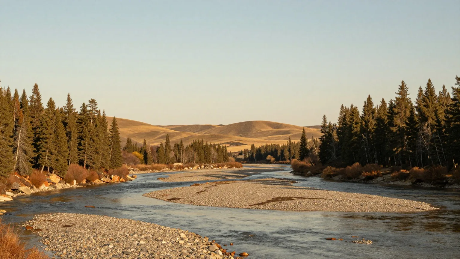 Tal des Klondike River mit Fichten an den Hängen und Kiesbänken im Fluss im Licht der späten Nachmittagssonne