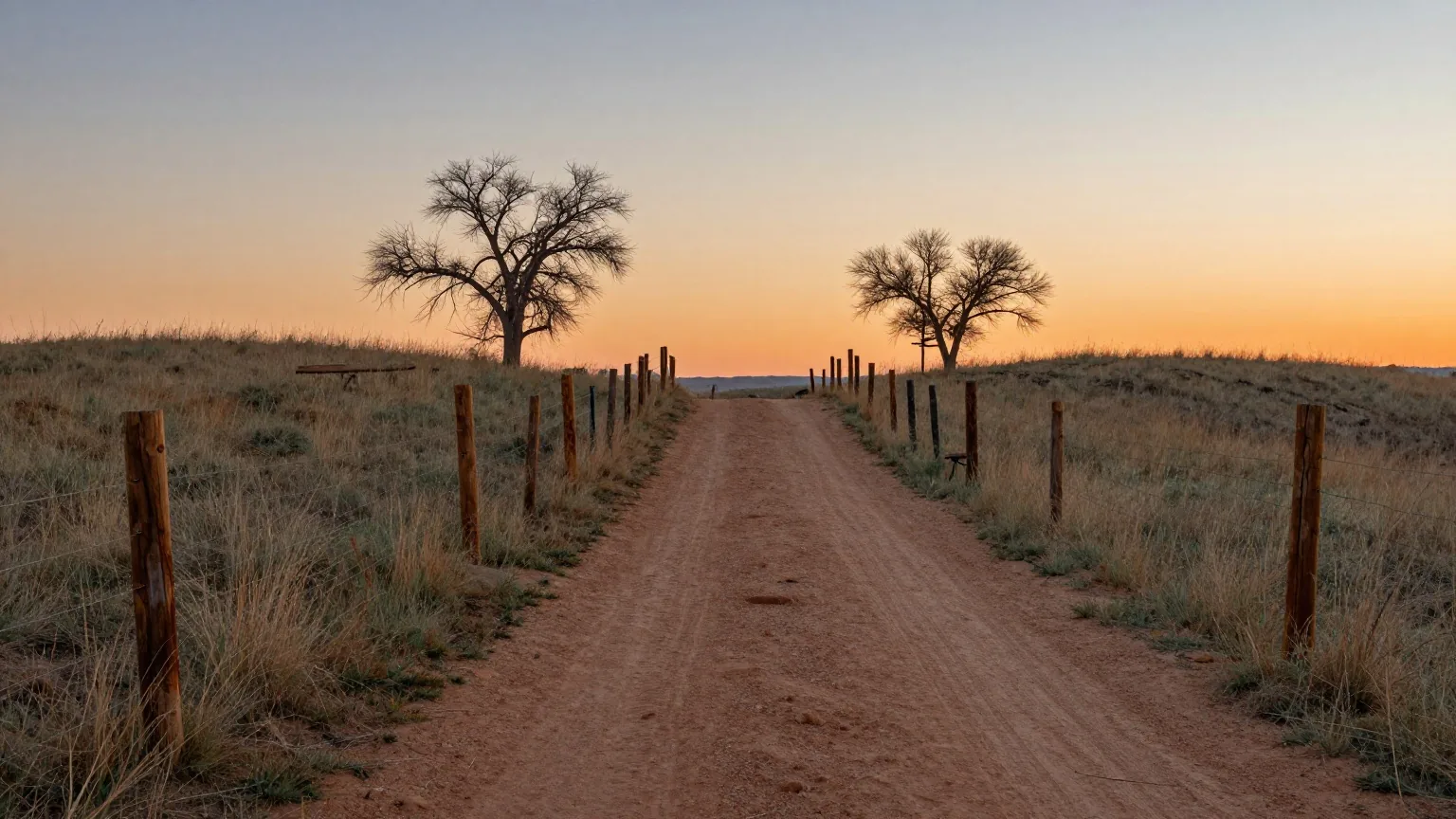 Leerer staubiger Weg zwischen niedrigen Hügeln in der Abenddämmerung mit verwitterten Holzpfosten, trockenem Gras und einzelnen kahlen Pappeln unter orangem Himmel.