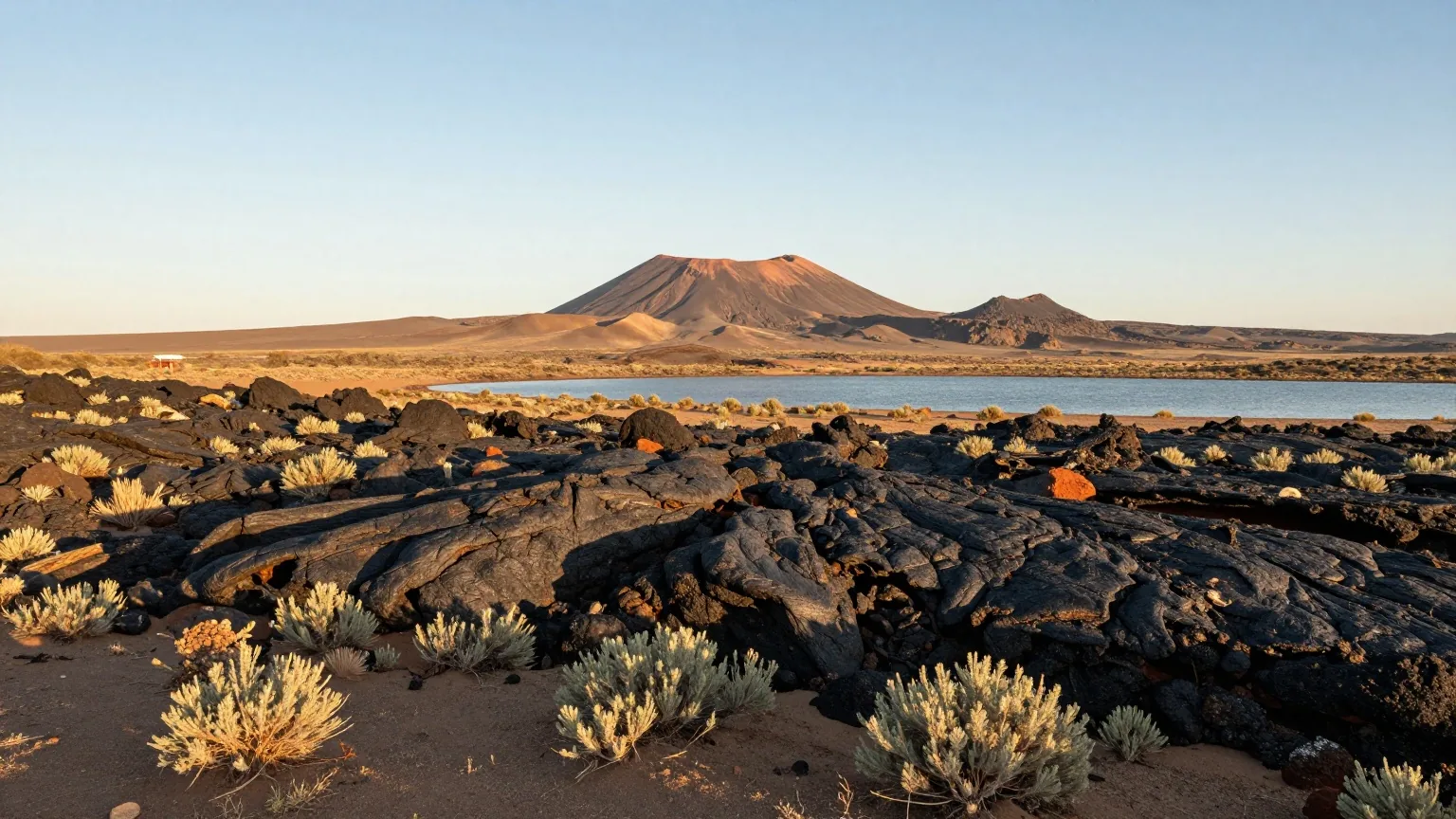 Schwarzes, zerklüftetes Lavafeld mit tiefen Gräben und Salbeibüschen, dahinter ein flacher See und ein fernes Vulkanmassiv im Licht der späten Nachmittagssonne