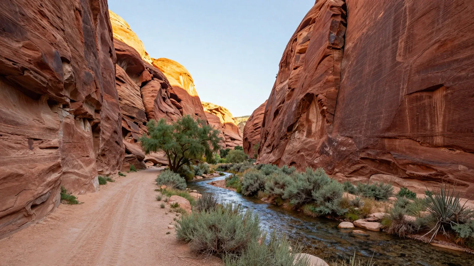 Rote Sandsteinwände eines engen Canyons mit einem Bach und schmaler alter Wagenspur am Ufer, Weiden und Salbei im warmen Licht der späten Nachmittagssonne