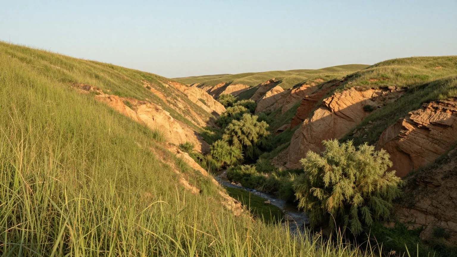 Steile, grasbewachsene Hänge eines tiefen Canyons im Frühsommer, unten ein Bach mit Weiden und Pappeln im warmen Licht der späten Nachmittagssonne