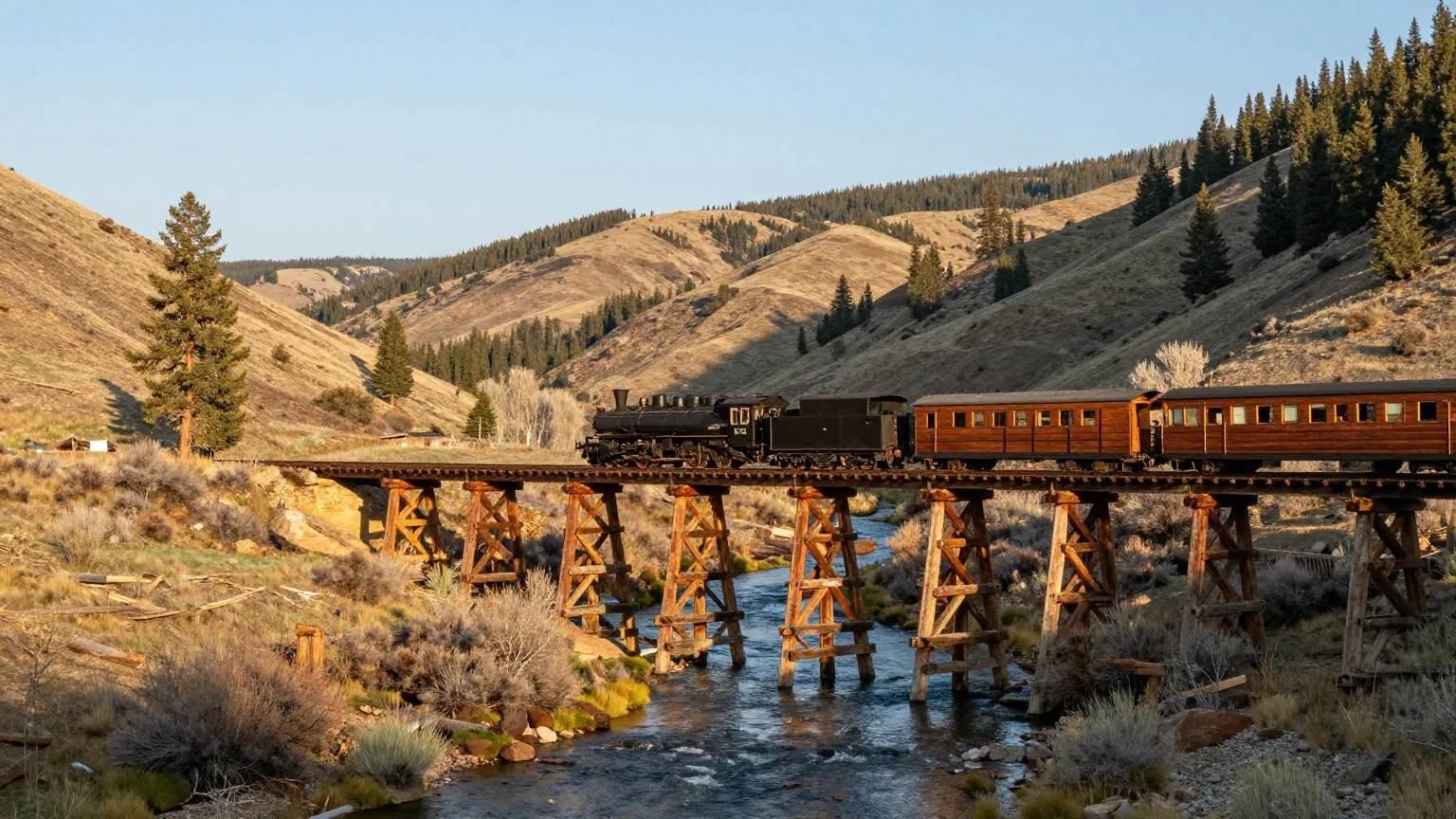 Dampflokomotive mit kurzem Zug auf einer hölzernen Gerüstbrücke über einen Fluss in einem weiten Bergtal mit Pappeln, Licht der späten Nachmittagssonne