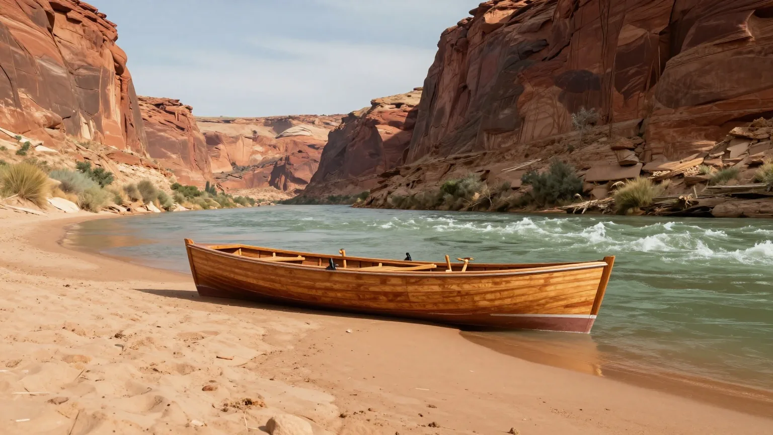 Hölzernes Ruderboot auf einer Sandbank am Fuß hoher roter Canyonwände, daneben der grüne Colorado River mit leichten Stromschnellen im warmen Nachmittagslicht