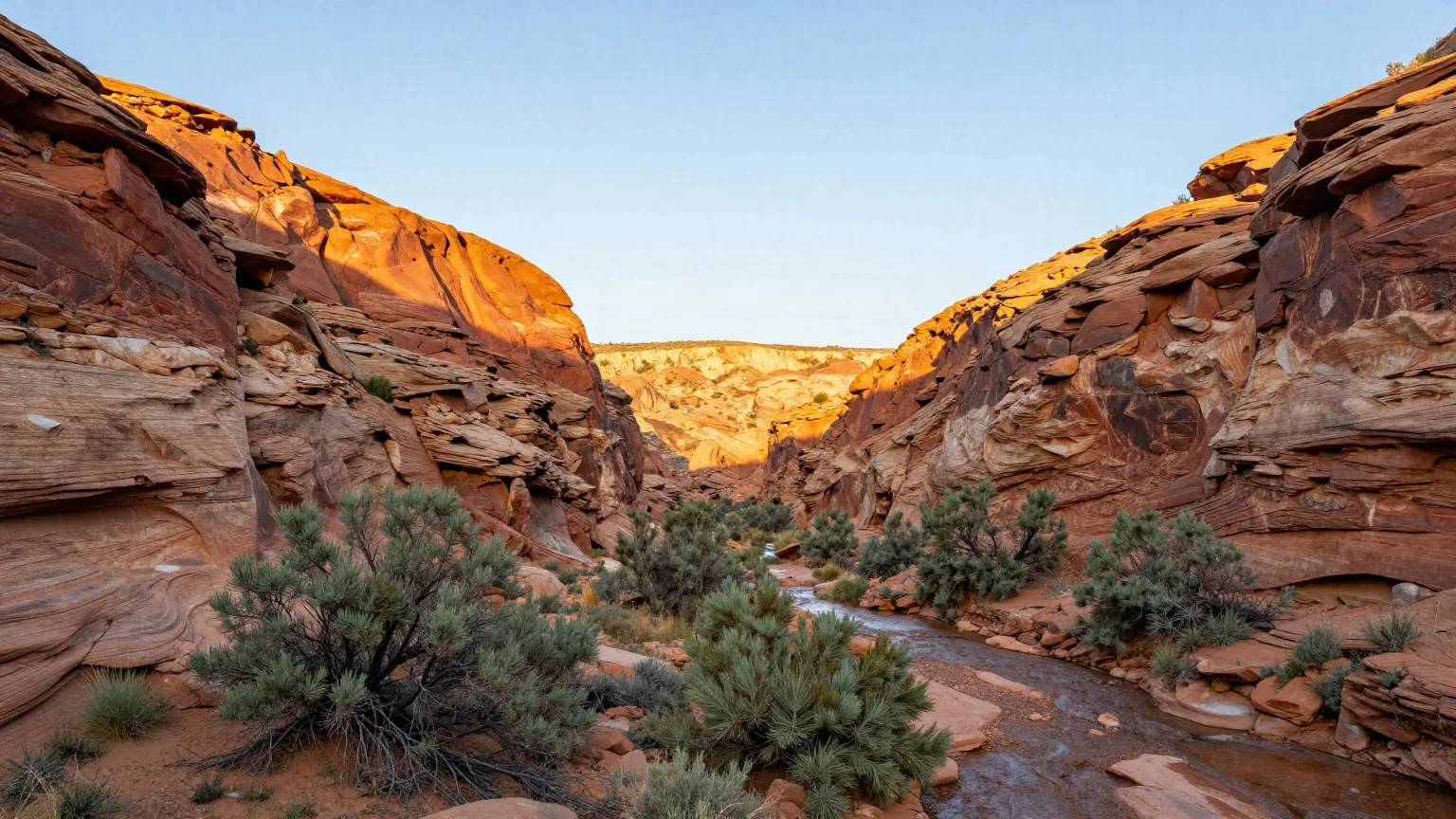 Rote und ockerfarbene Felswände eines weiten Canyons mit Wacholderbüschen am Grund im Licht der späten Nachmittagssonne