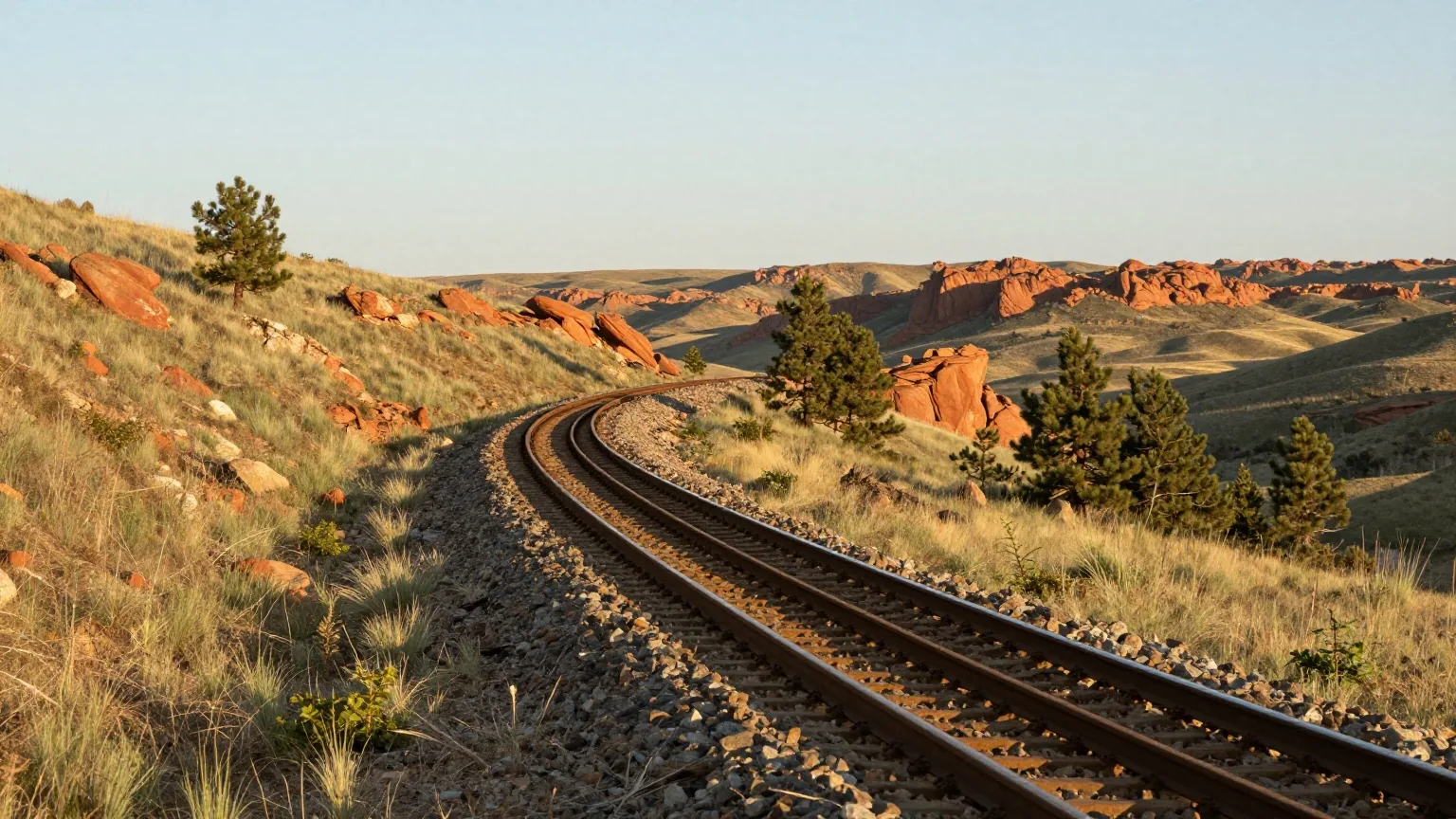 Eingleisige Bahnstrecke zieht sich durch einen grasbewachsenen Gebirgspass mit Kiefern und rötlichen Felsen, dahinter Tafelberge im warmen Licht der späten Nachmittagssonne