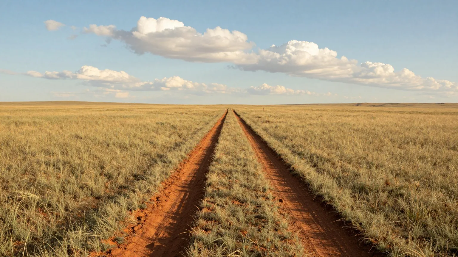 Zwei tiefe, grasbewachsene Wagenspuren ziehen über eine weite Kurzgrasprärie zum Horizont, darüber ein hoher Himmel mit Wolken im Licht der Nachmittagssonne