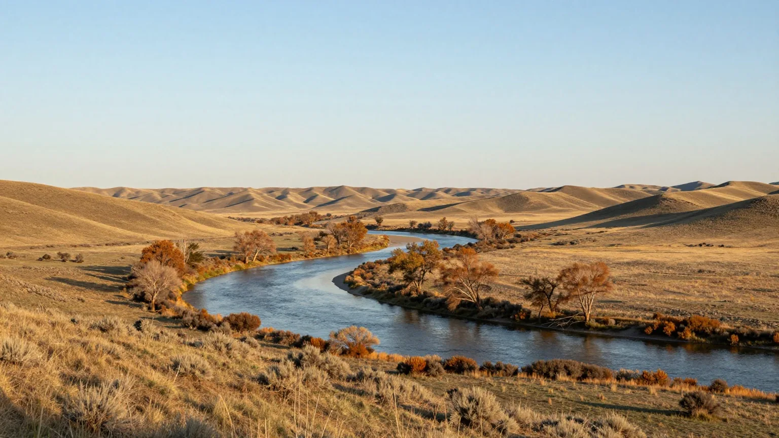 Tal des Little Bighorn River mit Pappeln am Ufer und grasbewachsenen Hügeln im Licht der späten Nachmittagssonne