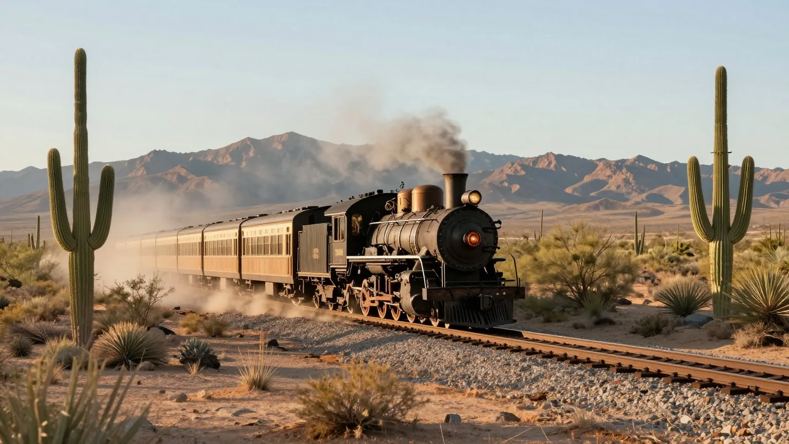 Dampflokomotive mit kurzem Zug auf einem einzelnen Gleis durch eine Wüste mit Saguaro-Kakteen und fernen Bergen, warmes Licht der späten Nachmittagssonne