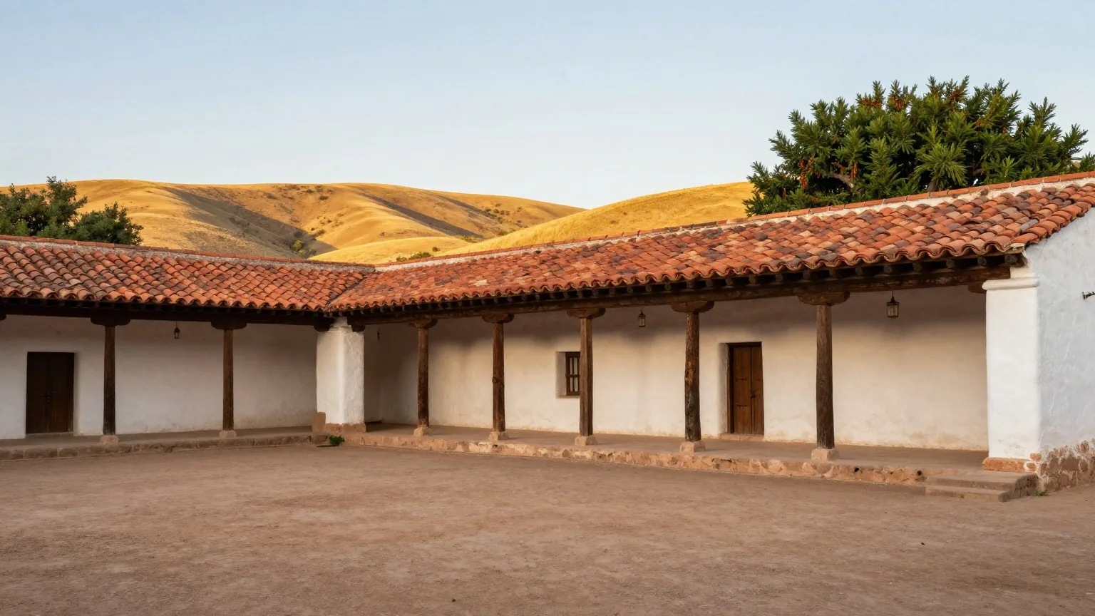Lange Arkade einer Missionsanlage aus Adobe mit weiß gekalkten Wänden und rotem Ziegeldach, davor ein leerer Hof mit Pfefferbäumen, dahinter goldgelbe Hügel im warmen Licht des späten Nachmittags