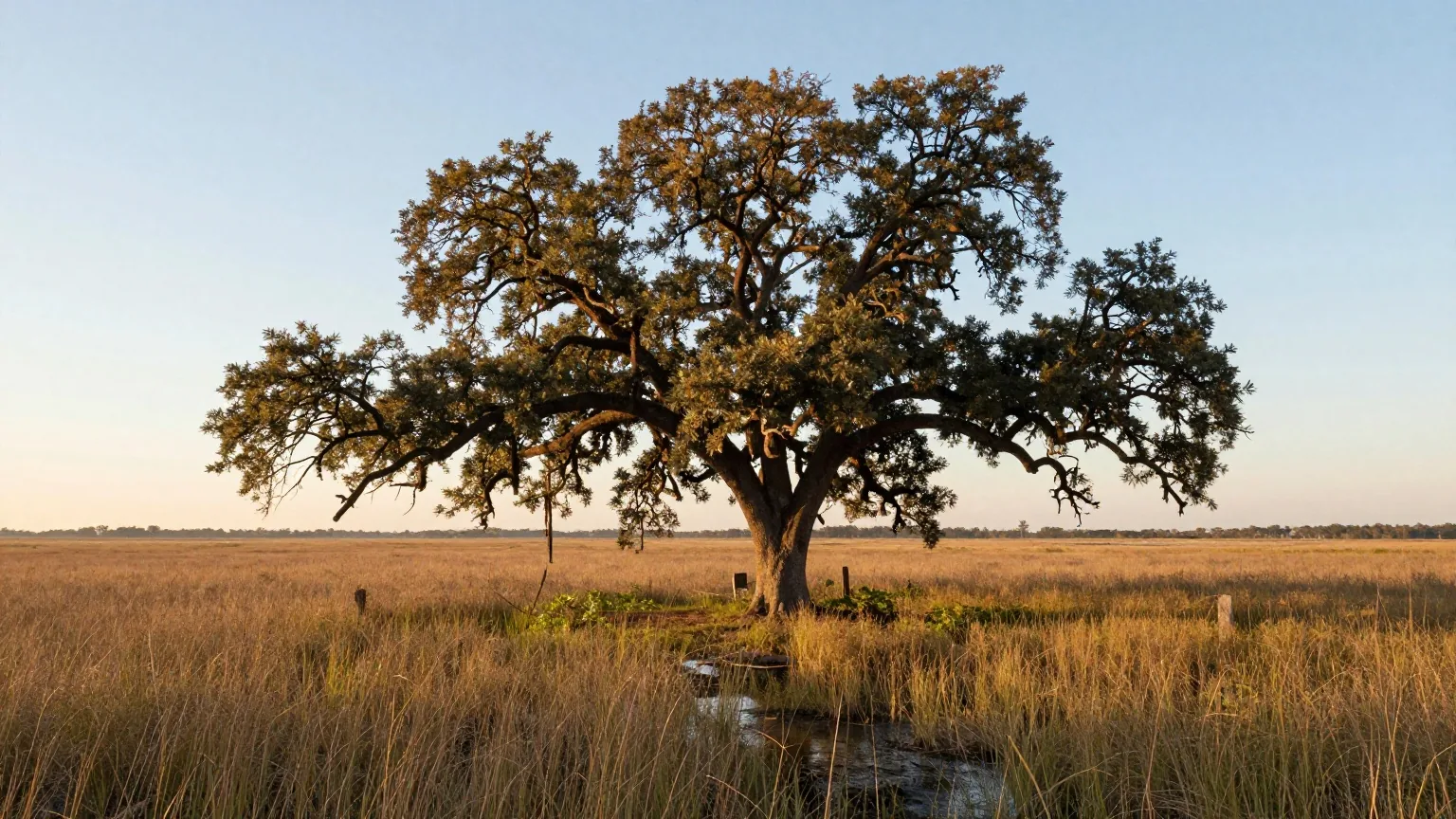 Flache Küstenprärie mit hohem Gras, einem dunklen Bayou und Eichen mit ausladenden Kronen im goldenen Licht der späten Nachmittagssonne