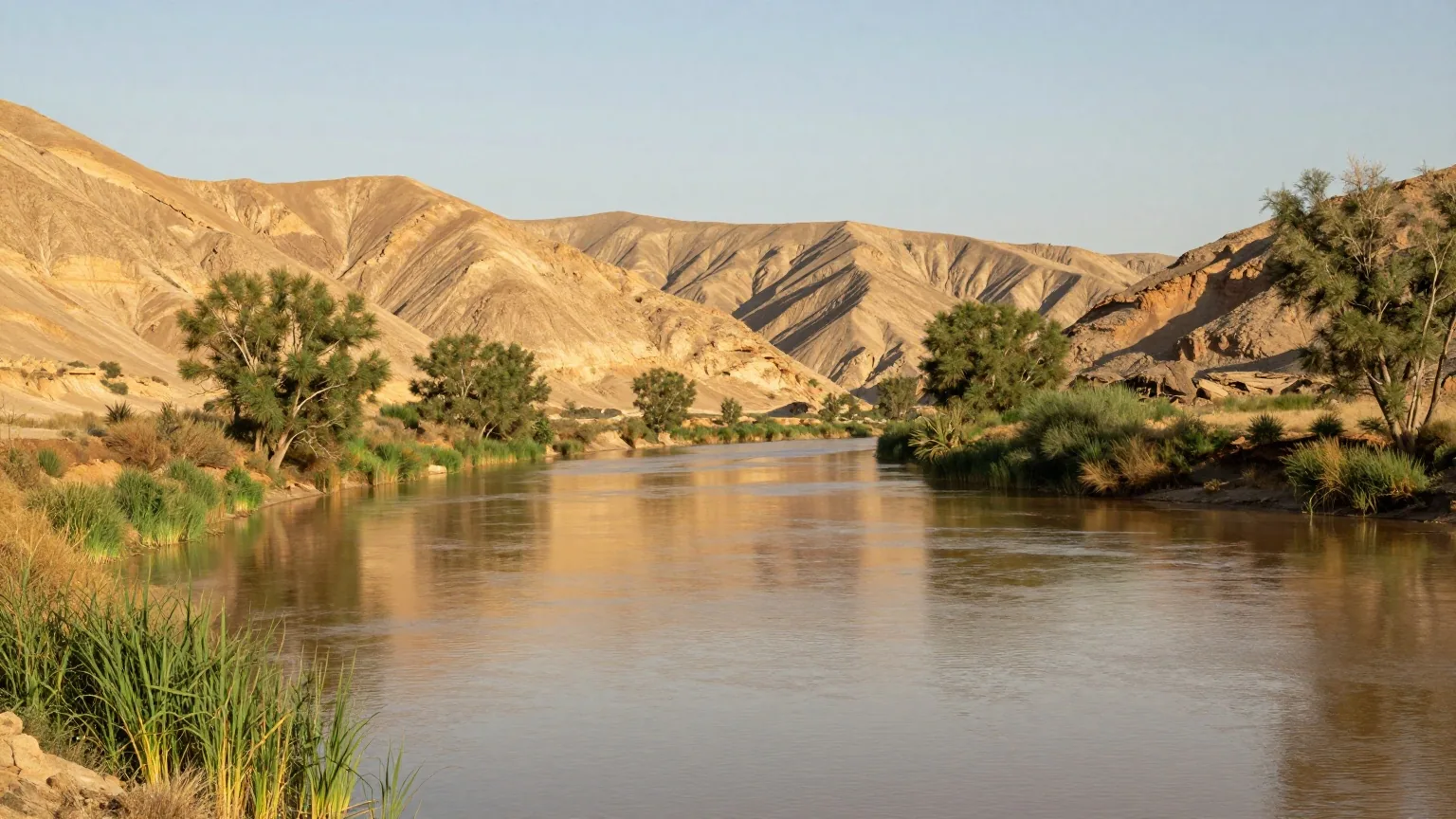 Flussbiegung des Rio Grande zwischen Wüstenbergen, am Ufer grüne Pappeln und Schilf, warmes Licht der späten Nachmittagssonne