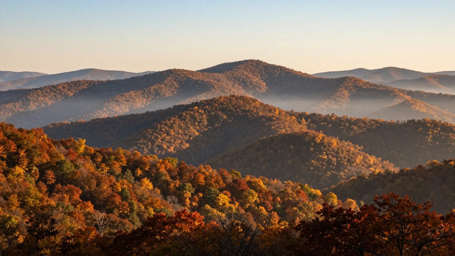 Bewaldete Bergrücken der südlichen Appalachen im Herbst mit Nebel in den Tälern im warmen Licht der späten Nachmittagssonne