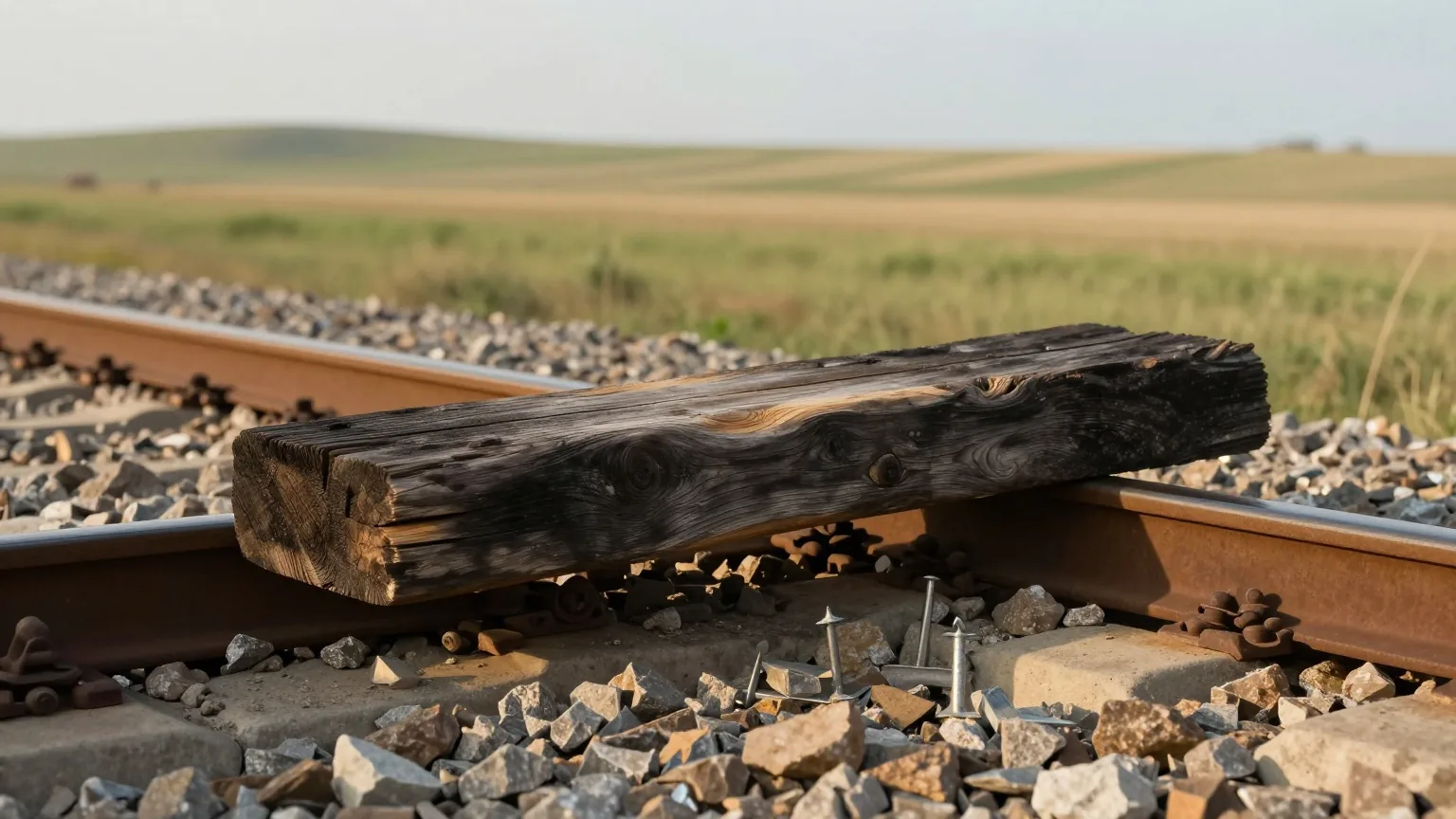 Behauene, dunkle Bahnschwelle aus verwittertem Holz zwischen zwei Schienenenden auf Schotter, daneben einige eiserne Schienennägel, warmes Licht der späten Nachmittagssonne