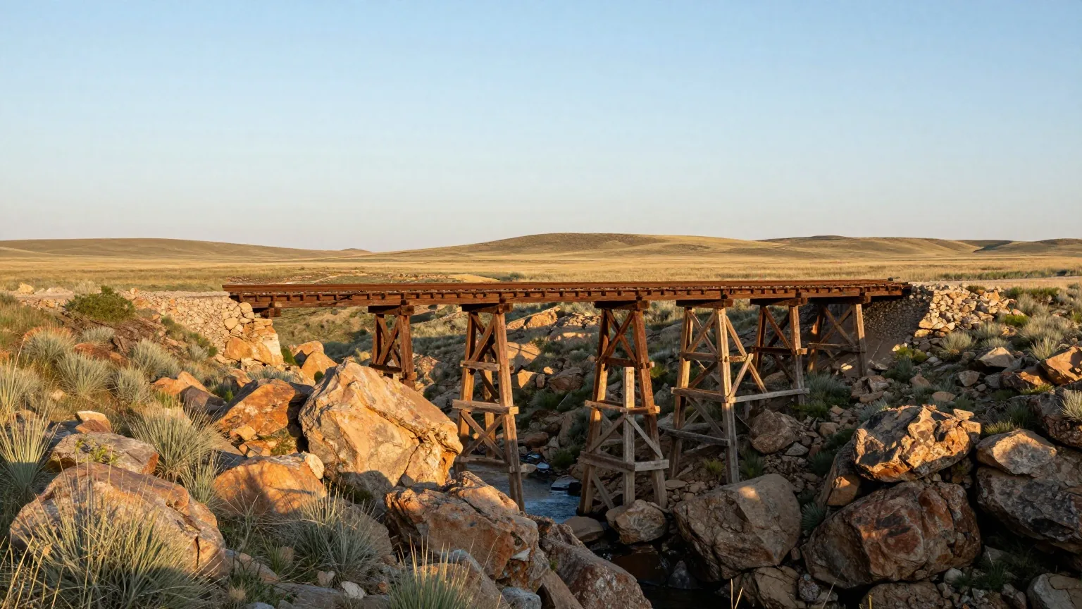 Lange hölzerne Gerüstbrücke einer Eisenbahn über eine tiefe felsige Schlucht in einer kargen Hochebene mit Gras und Granitblöcken, weiter Himmel, warmes Licht der späten Nachmittagssonne