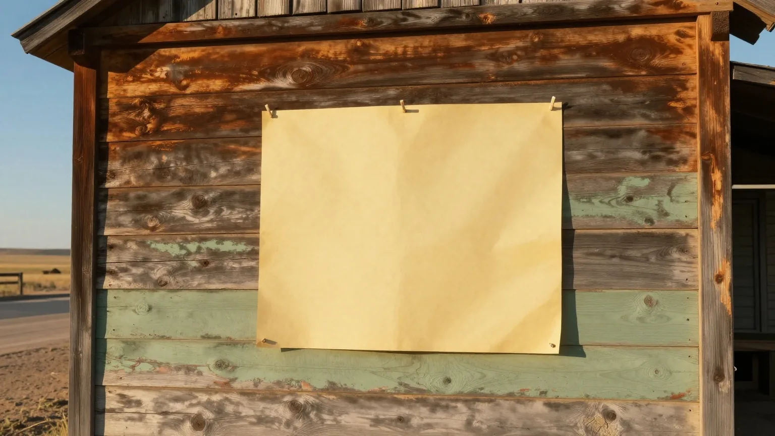 Verwitterte Bretterwand eines Holzhauses an einer staubigen Straße, daran mit Nägeln befestigt ein leeres, vergilbtes Blatt Papier, schräges Licht am späten Nachmittag