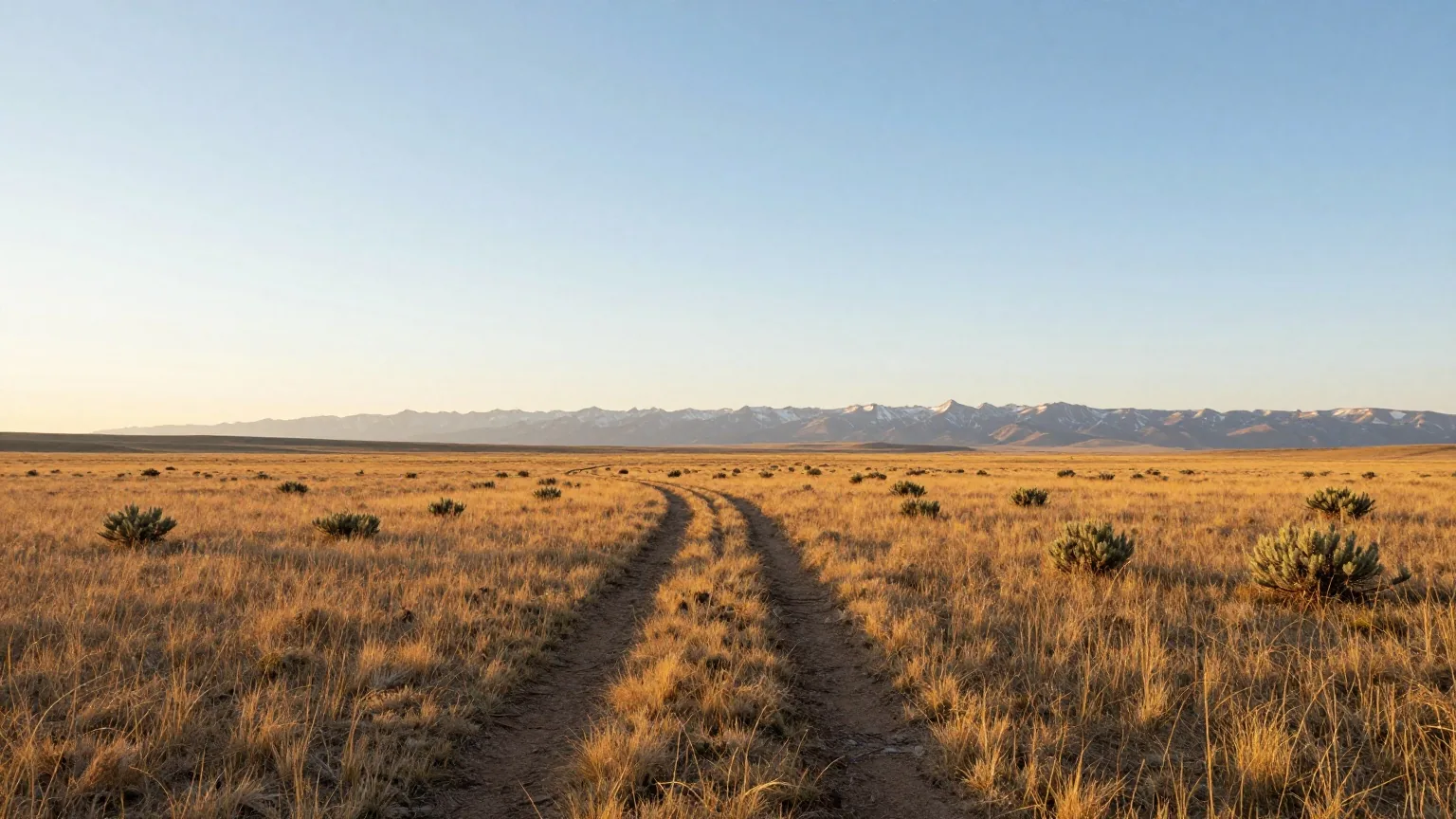 Weite Kurzgrasprärie unter hohem Himmel, eine schwache Wagenspur führt durch das Gras auf schneebedeckte Berge am Horizont zu, goldenes Licht am späten Nachmittag
