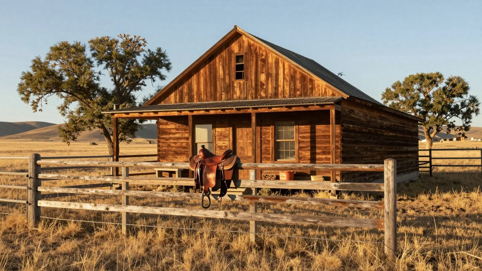 Verwittertes Ranchhaus aus Holz mit überdachter Veranda, davor ein Pferch aus Holzstangen mit einem Westernsattel auf dem Zaun, dahinter Grasland im Licht des späten Nachmittags