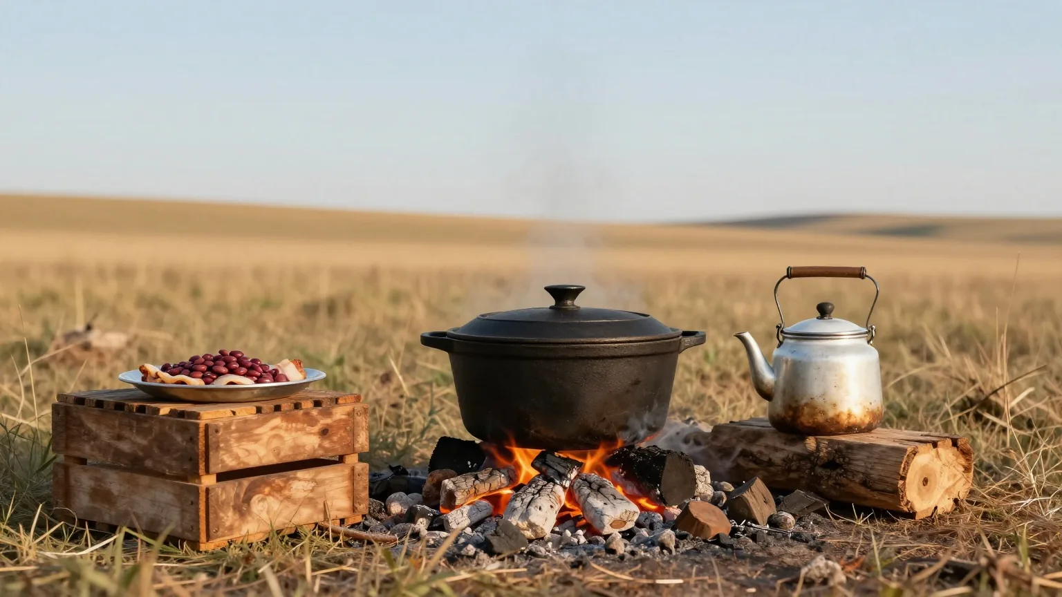 Gusseiserner Dutch Oven und eine verbeulte emaillierte Kaffeekanne auf der Glut eines Lagerfeuers, daneben ein Blechteller mit Bohnen und Speck auf einer Holzkiste, dahinter Prärie im späten Nachmittagslicht