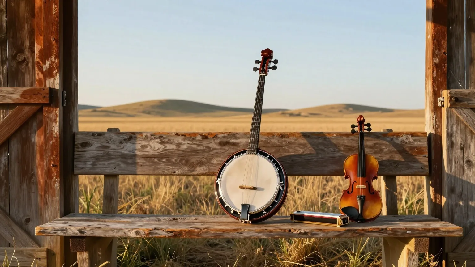 Banjo, Geige mit Bogen und eine Mundharmonika auf einer verwitterten Holzbank vor dem offenen Tor einer Scheune, dahinter Grasland im Licht der späten Nachmittagssonne