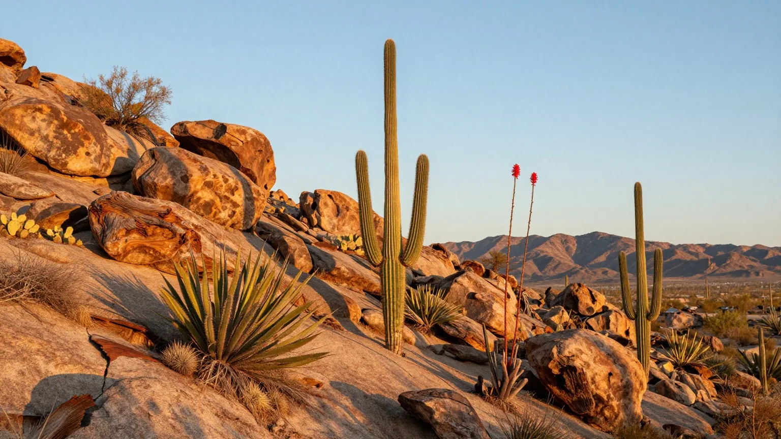 Felsiger Wüstenhang mit hohen Saguaro-Kakteen, Ocotillo-Ruten mit roten Spitzen und Opuntien zwischen Felsblöcken, dahinter eine Bergkette im warmen Licht der späten Nachmittagssonne