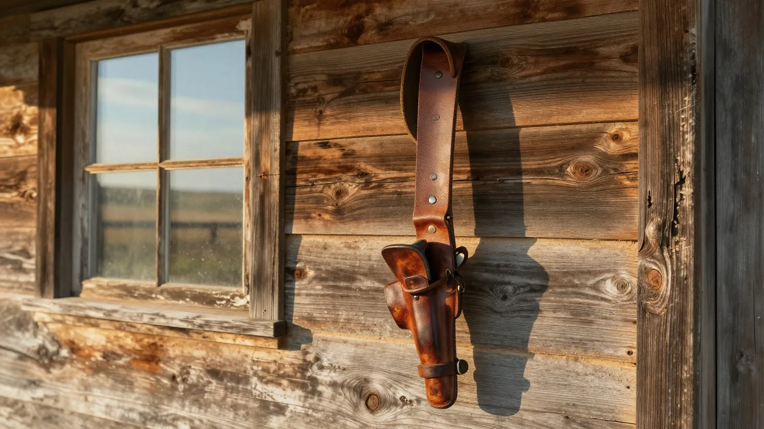Ledergurt mit leerem Holster an der Bretterwand einer verwitterten Holzhütte neben einem kleinen Fenster im warmen Licht der späten Nachmittagssonne