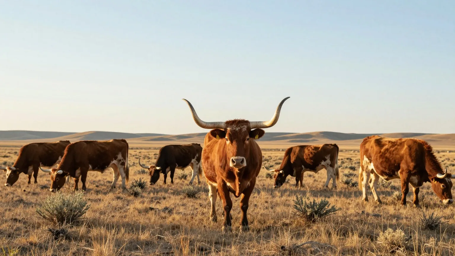 Longhorn-Rinder mit weit ausladenden Hörnern grasen auf einer offenen Prärie mit vereinzelten Mesquitebüschen im warmen Licht der späten Nachmittagssonne