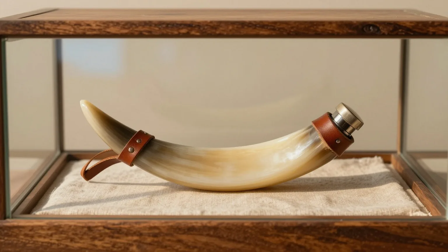 Pulverhorn mit Lederriemen auf hellem Leinen in einer Museumsvitrine im warmen Licht